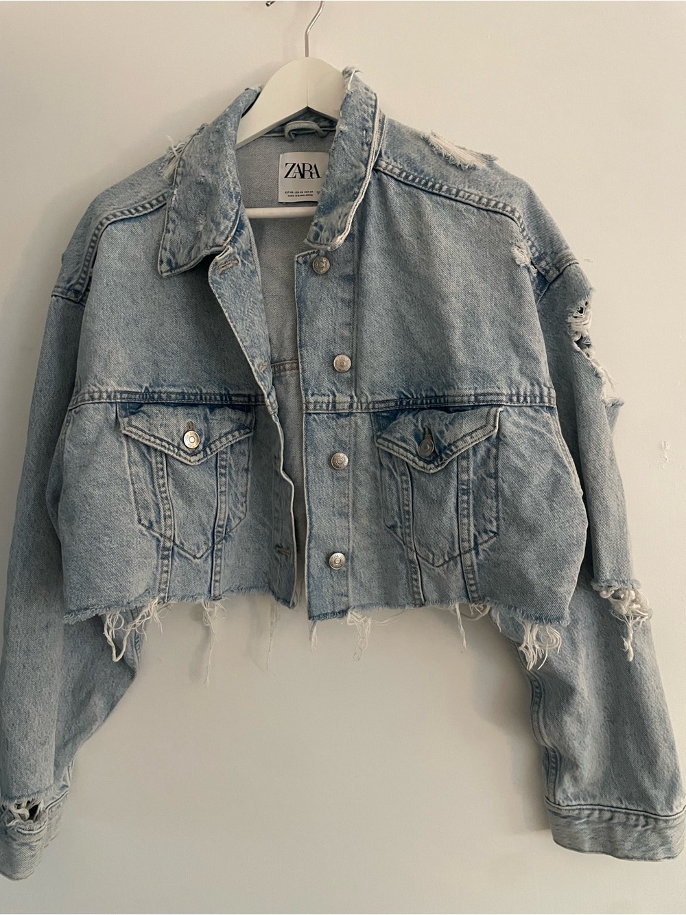 Zara Light Blue Distressed Cropped Denim Jacket